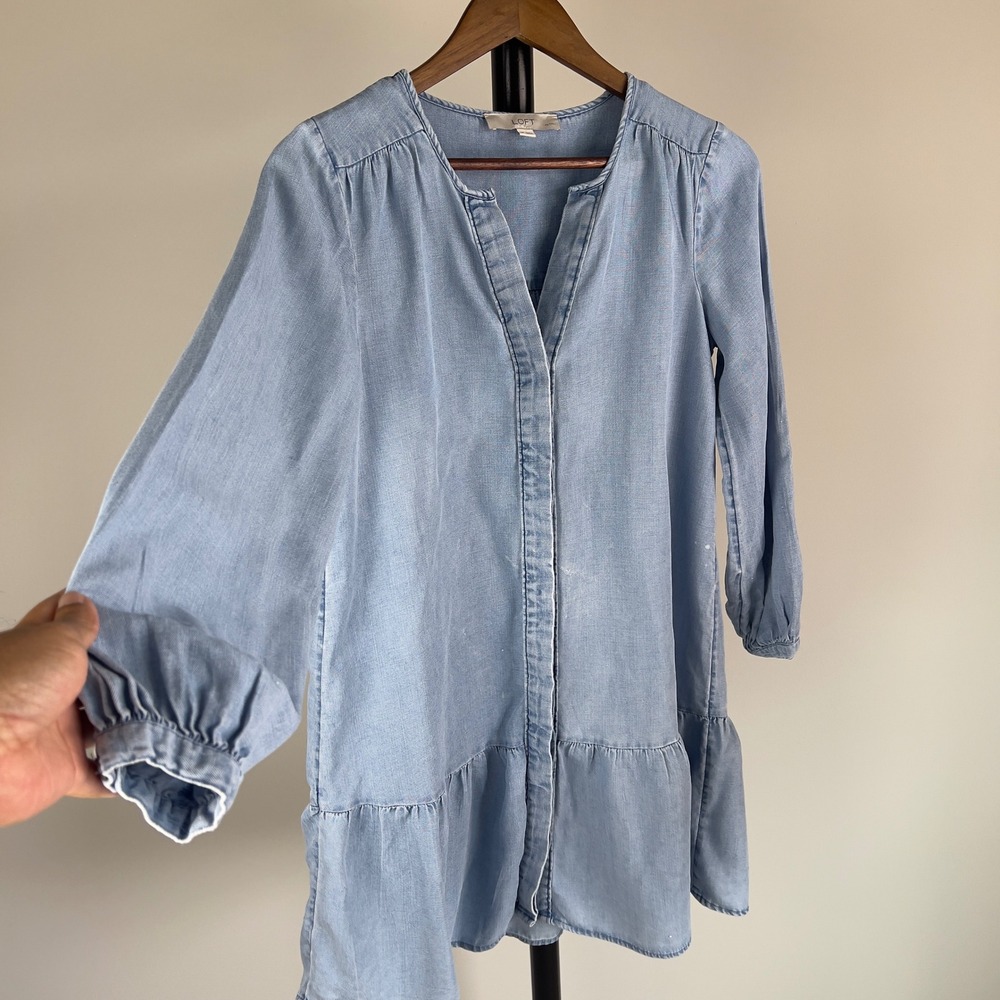 LOFT Petites Blue Chambray Linen Blend Ruffle Hem Tunic Dress SP
